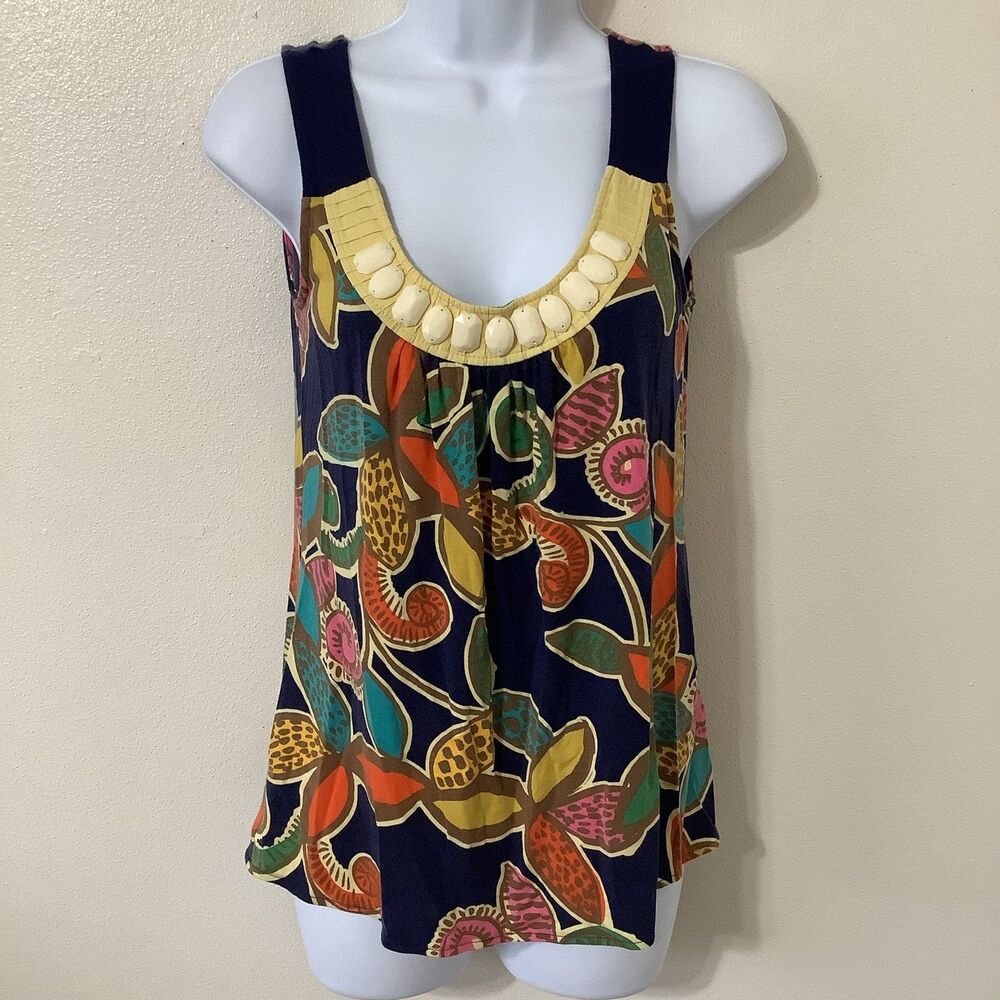 Boden Artsy Bohemian Hippie Graphic Floral Embellished Coloful Blouse Sz 4